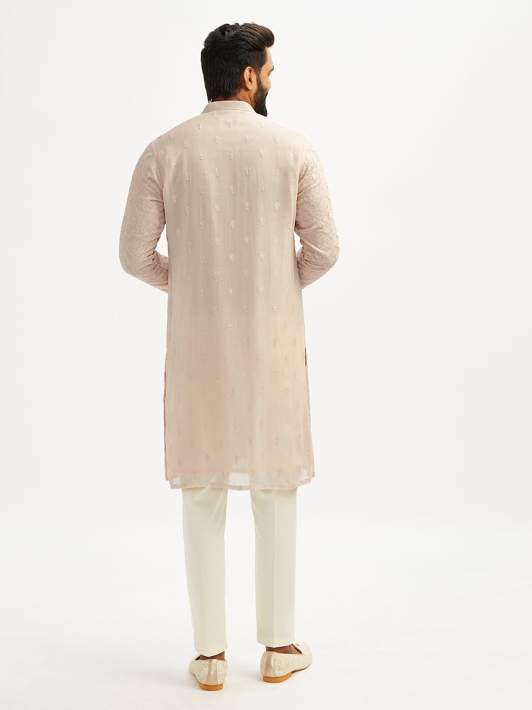 Men's Beige Georgette Ethnic Motiff Thigh Length Kurta Pant Set with Pyjama
