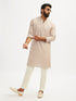 Men's Beige Georgette Ethnic Motiff Thigh Length Kurta Pant Set with Pyjama