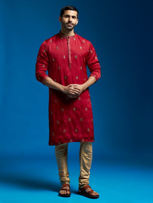 Men's Maroon Silk Blend Kurta And Pyjama Set