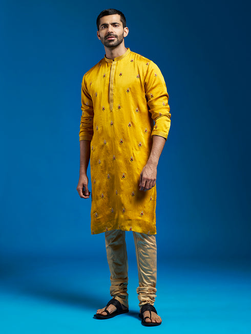 Men's Mustard Silk Blend Kurta And Pyjama Set