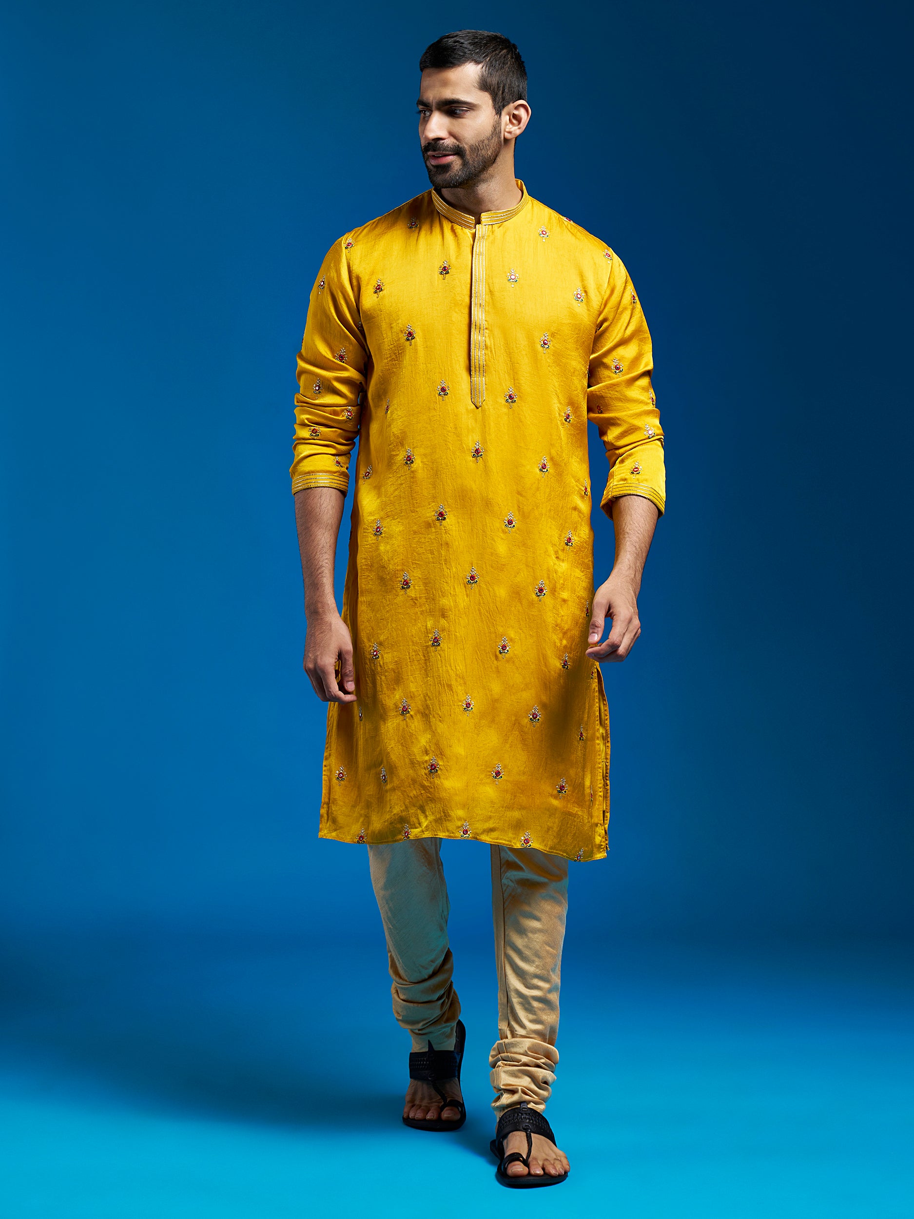 Men's Mustard Silk Blend Kurta And Pyjama Set