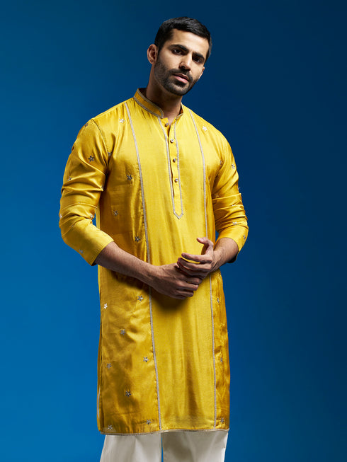 Men's Mustard Tissue Silk Kurta