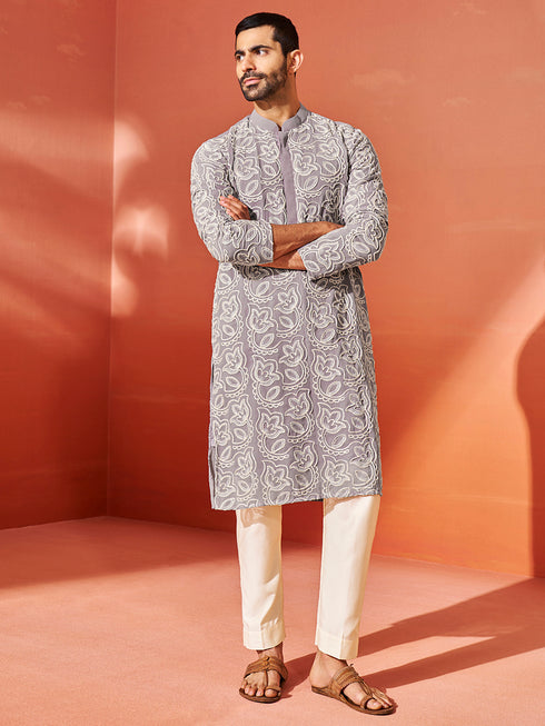 Men's Levender Georgette Kurta And Pyjama Set