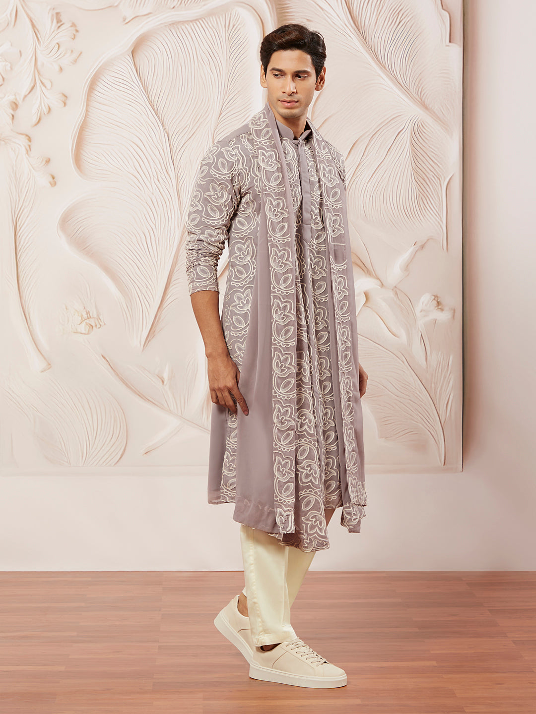 Men's Levender Georgette Kurta Pyjama And Dupatta Set