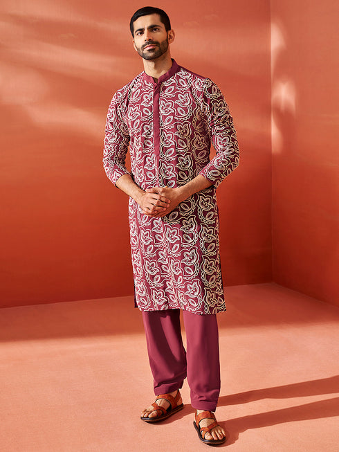 Men's Maroon Georgette Kurta And Patiala Set