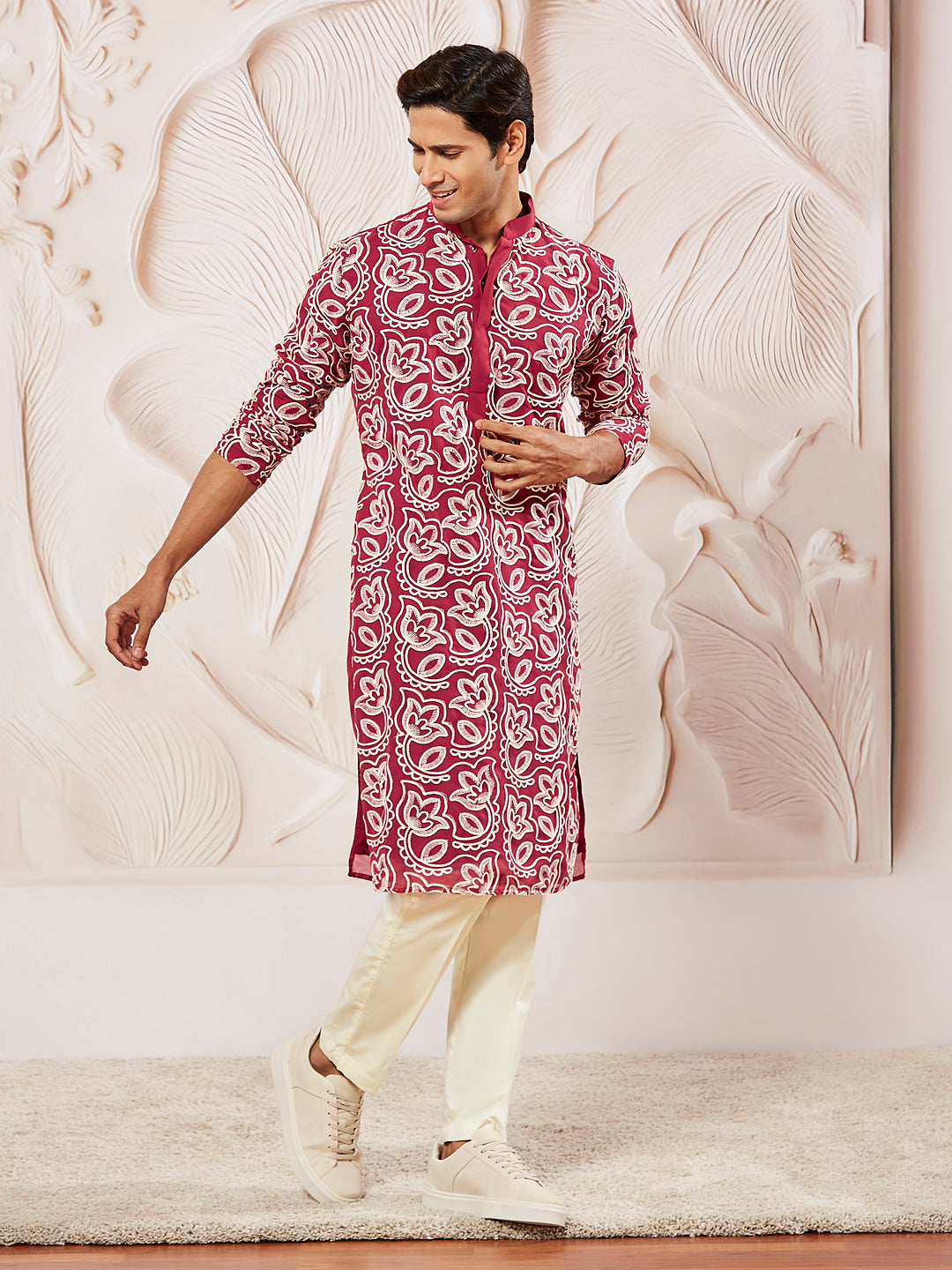 Men's Maroon Georgette Kurta And Pyjama Set