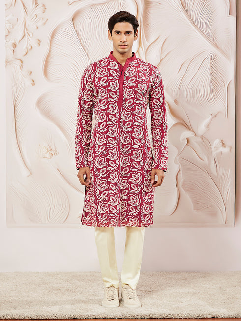 Men's Maroon Georgette Kurta And Pyjama Set