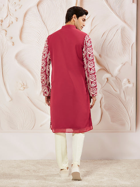 Men's Maroon Georgette Kurta And Pyjama Set