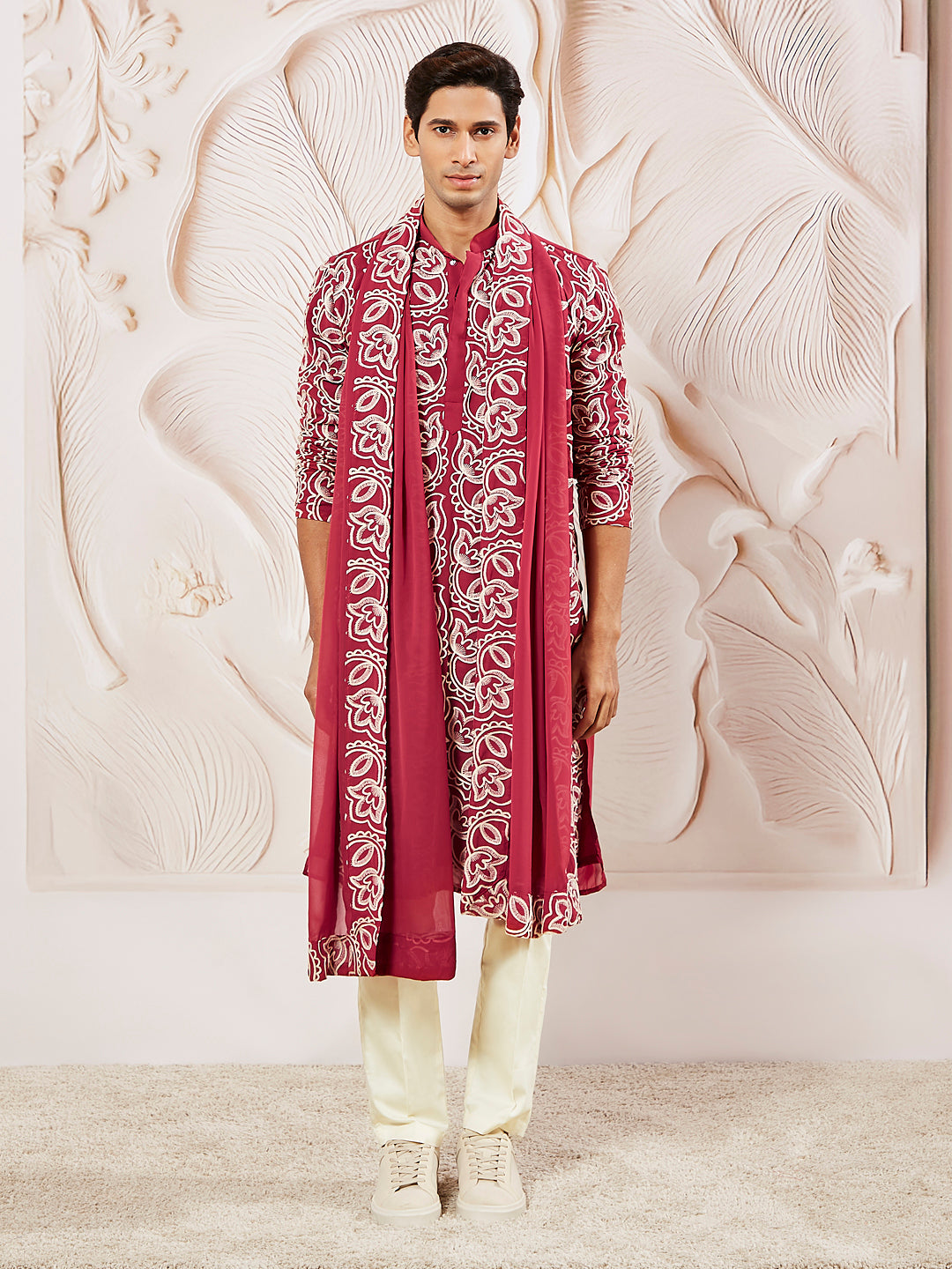 Men's Maroon Georgette Kurta Pyjama And Dupatta Set