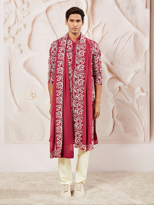 Men's Maroon Georgette Kurta Pyjama And Dupatta Set