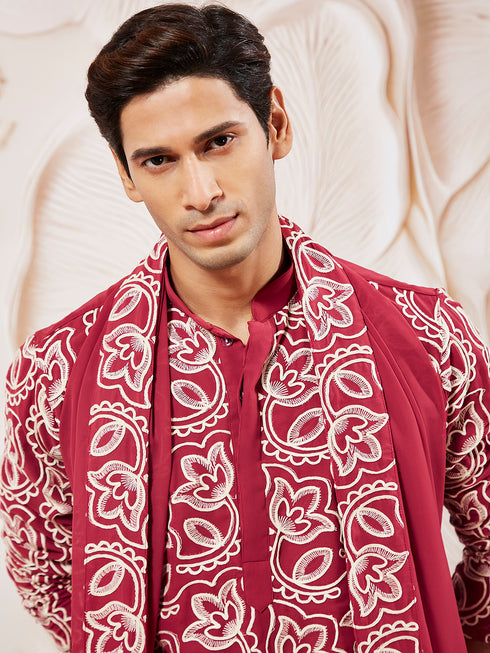 Men's Maroon Georgette Kurta Pyjama And Dupatta Set