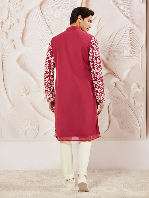 Men's Maroon Georgette Kurta Pyjama And Dupatta Set
