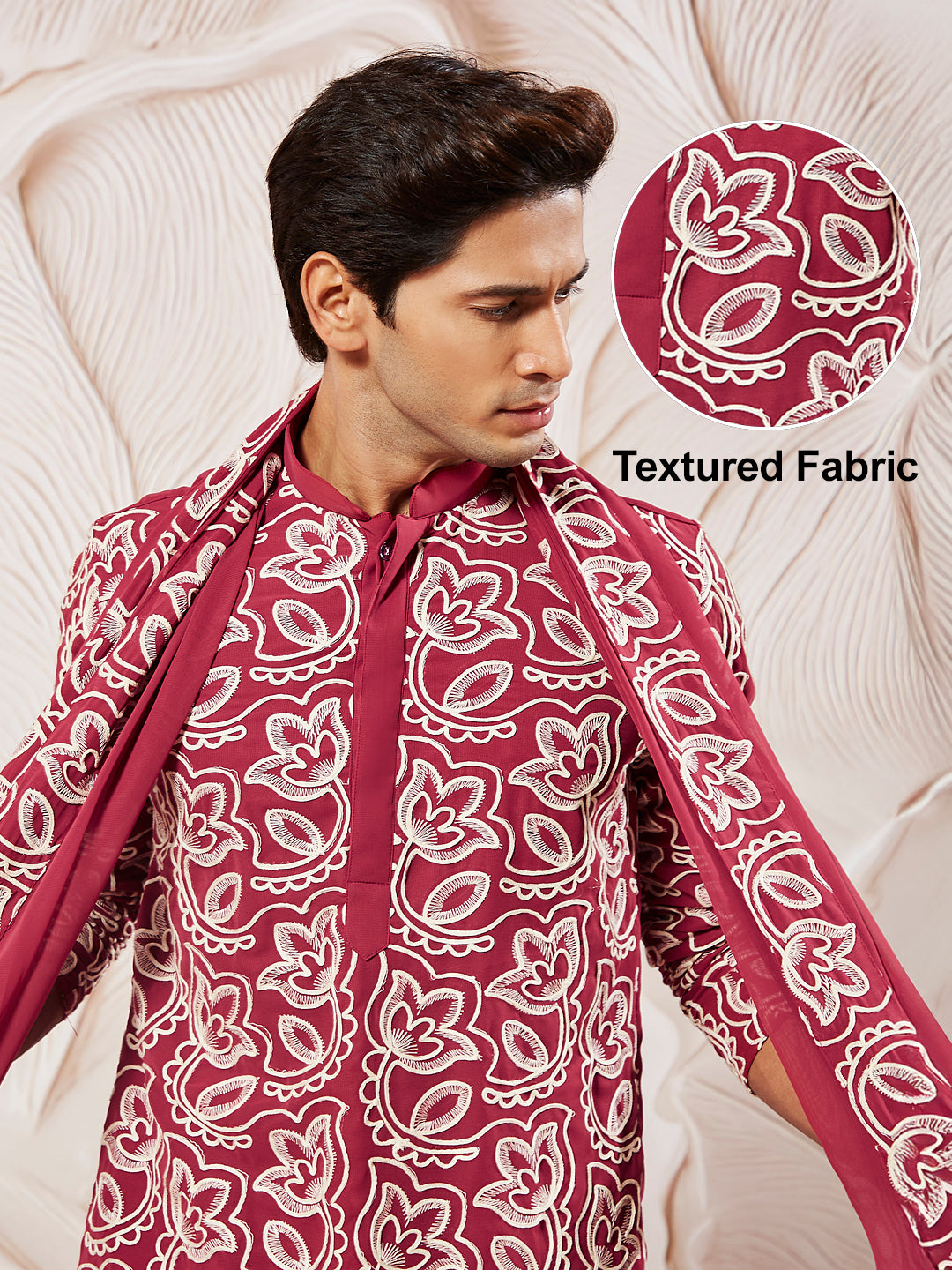Men's Maroon Georgette Kurta Patiala And Dupatta Set.