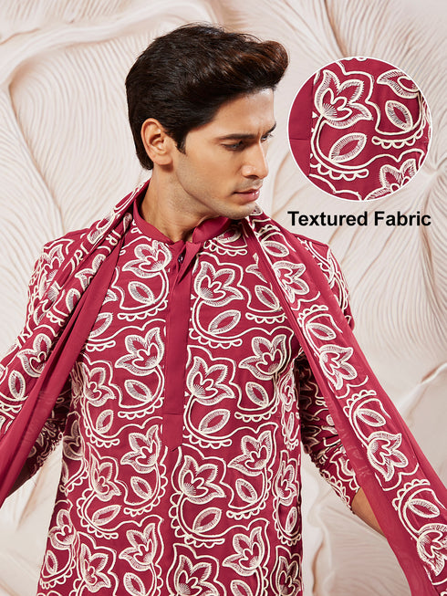 Men's Maroon Georgette Kurta Patiala And Dupatta Set.