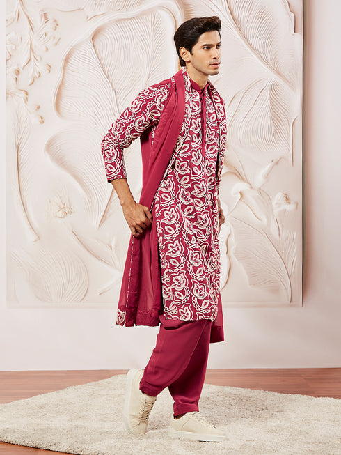 Men's Maroon Georgette Kurta Patiala And Dupatta Set.