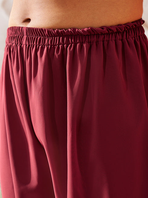 Men's Maroon Georgette Kurta Patiala And Dupatta Set.