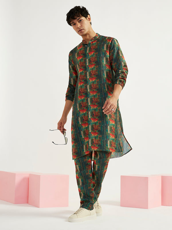 Men's Green Crepe Kurta And Pyjama Set