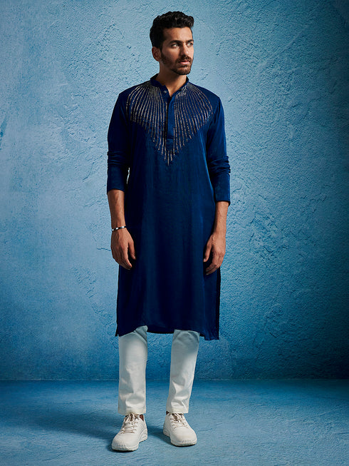 Men's Turquoise Silk Blend Kurta And Pyjama Set