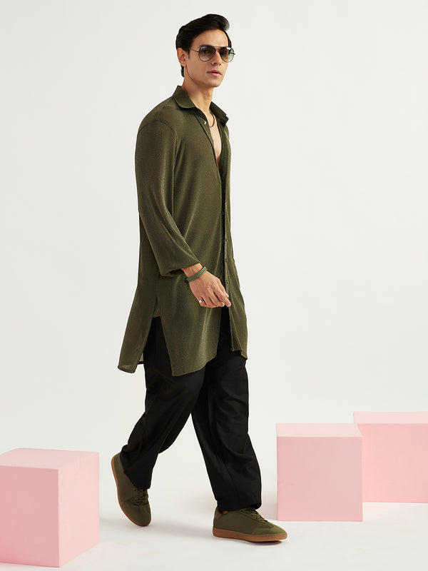 Men's Mehendi Green Lycra Kurta And Pyjama Set