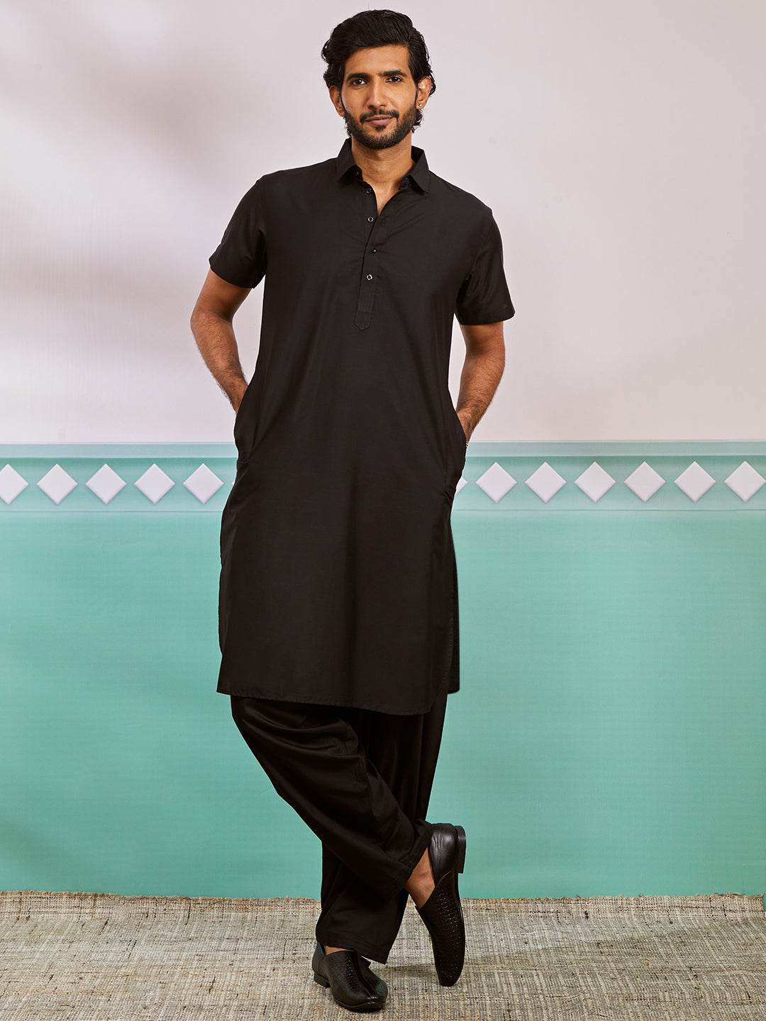 Men's Black Viscose Kurta And Patiala Set