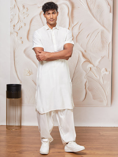 Men's White Viscose Kurta And Patiala Set