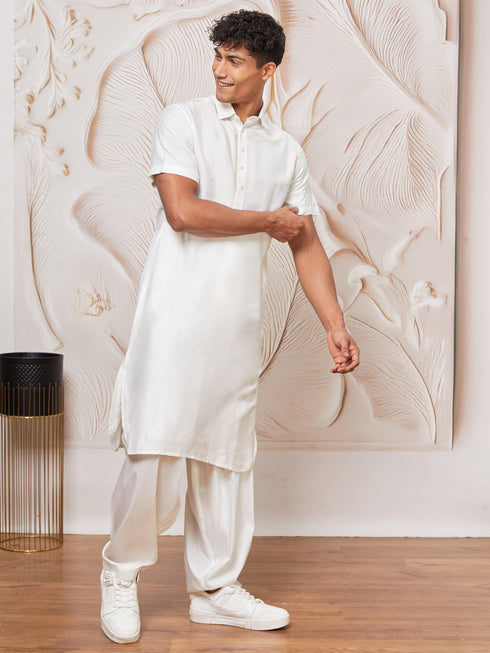 Men's White Viscose Kurta And Patiala Set
