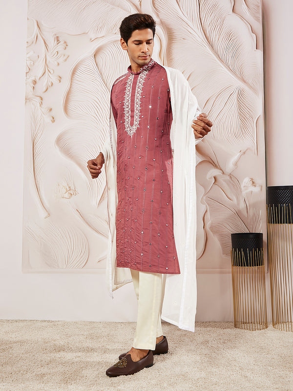 Men's Rose Pink Silk Blend Kurta Pant And Dupatta Set