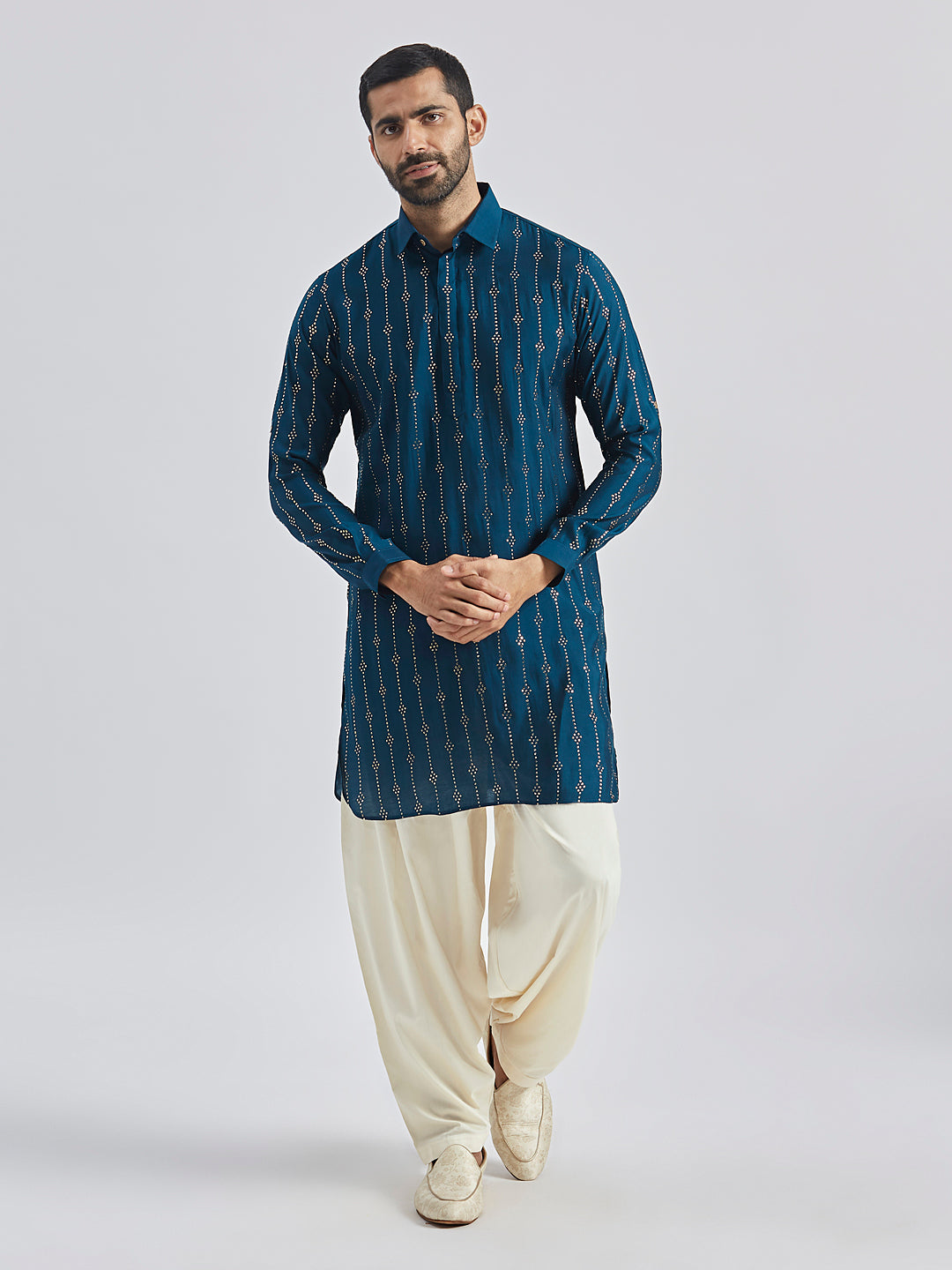 Men's Turquoise Silk Blend Kurta And Patiala Set