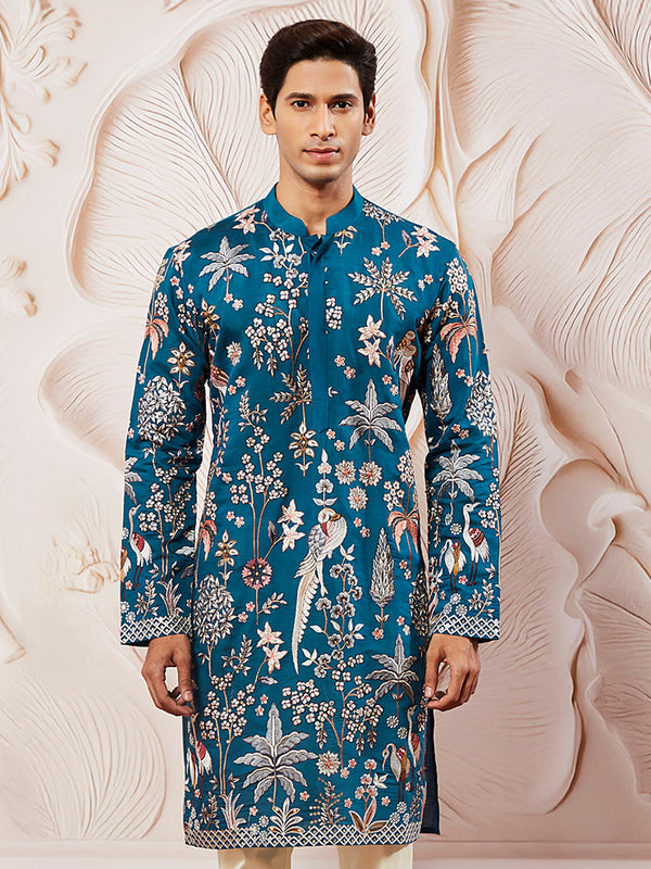 Men's Turquoise Silk Blend Kurta