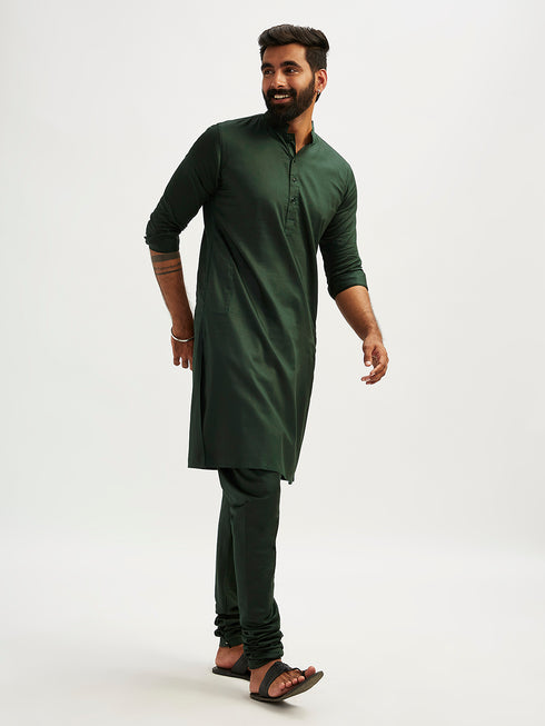 Men's Bottle Green Cotton Blend Kurta Pyjama Set