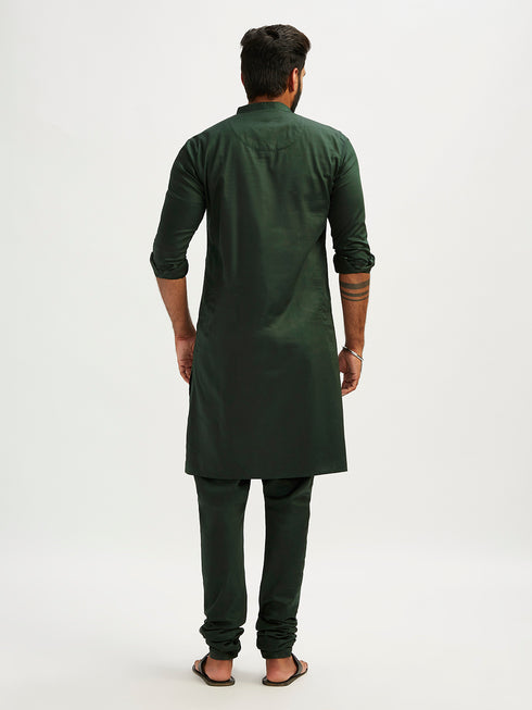 Men's Bottle Green Cotton Blend Kurta Pyjama Set