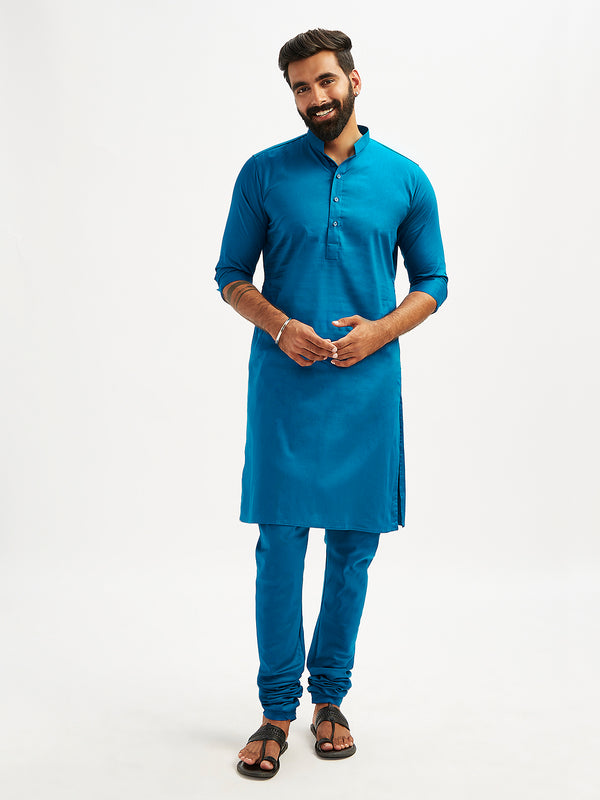 men's blue cotton blend kurta pyjama set for festive and ethnic occasions