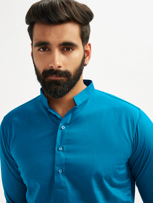 Men's Blue Cotton Blend Kurta Pyjama Set