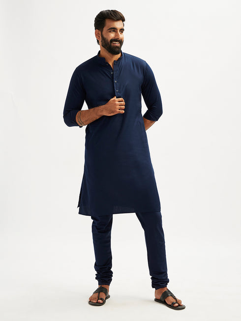 Men's Navy Blue Cotton Blend Kurta Pyjama Set