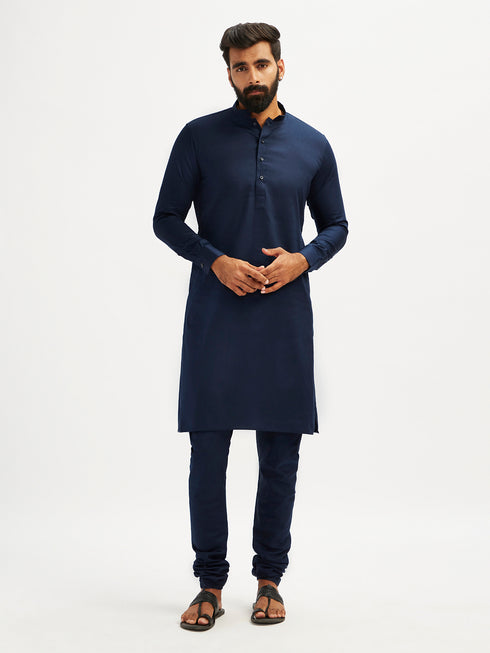 Men's Navy Blue Cotton Blend Kurta Pyjama Set