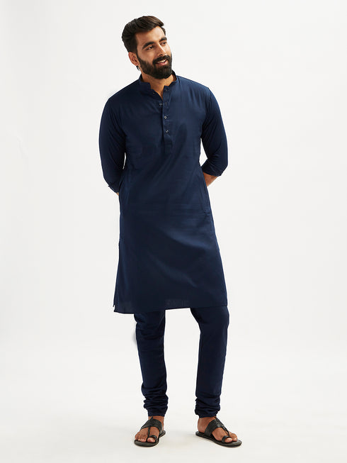 Men's Navy Blue Cotton Blend Kurta Pyjama Set