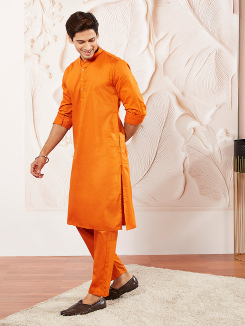 Men's Orange Cotton Blend Kurta Pyjama Set