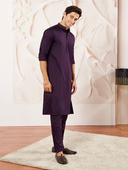 Men's Purple Cotton Blend Kurta Pyjama Set