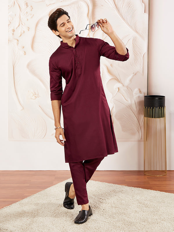 men's wine cotton blend kurta pyjama set for wedding functions and festive celebrations