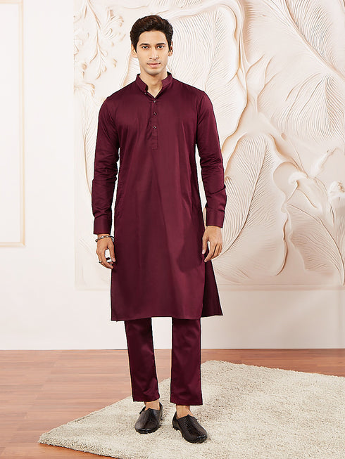 Men's Wine Cotton Blend Kurta Pyjama Set