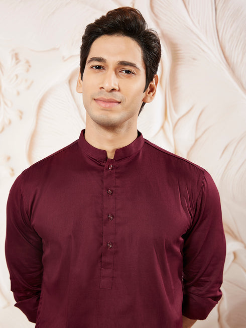 Men's Wine Cotton Blend Kurta Pyjama Set
