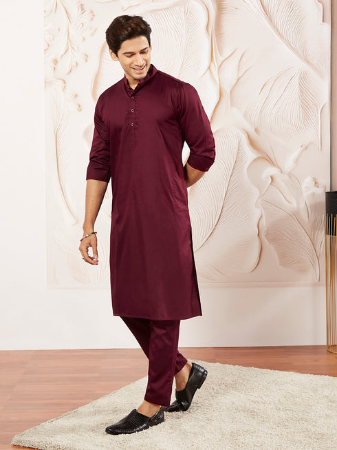 Men's Wine Cotton Blend Kurta Pyjama Set