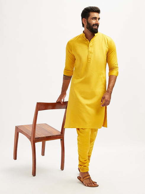 Men's Yellow Cotton Blend Kurta Pyjama Set