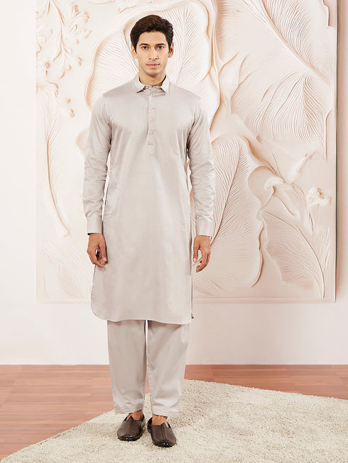 Men's Beige Fine Satin Pathani Kurta Set