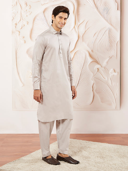 Men's Beige Fine Satin Pathani Kurta Set