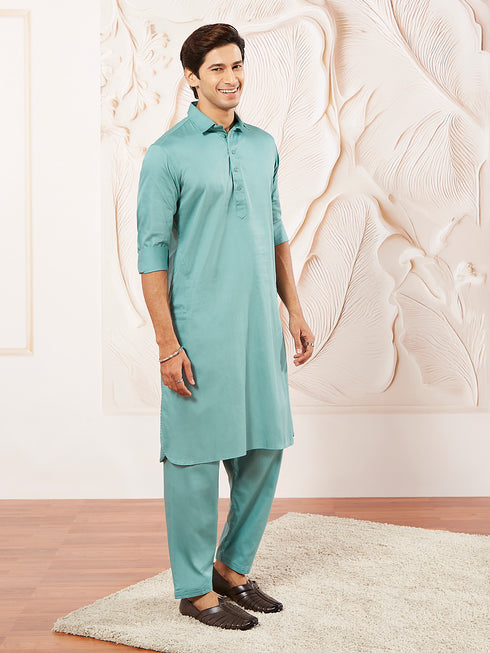 Men's Green Fine Satin Pathani Kurta Set