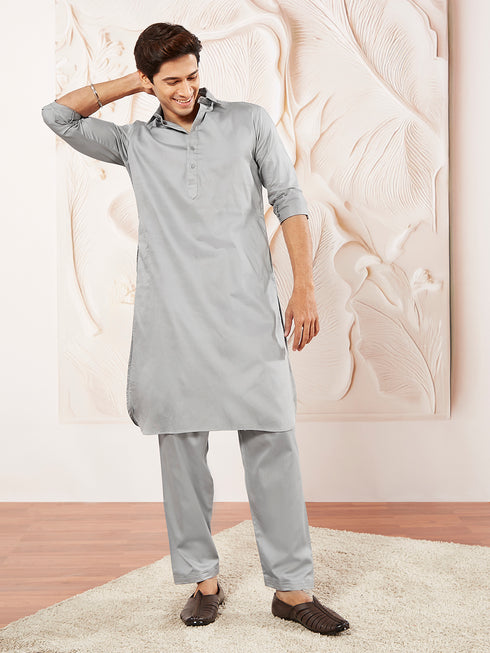 Men's Grey Fine Satin Pathani Kurta Set