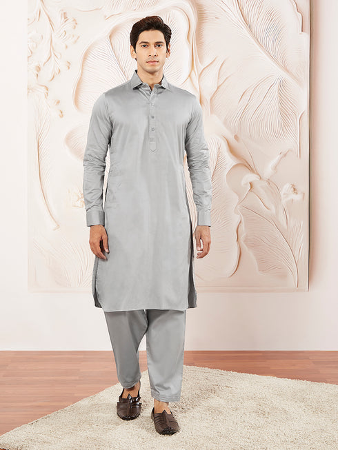 Men's Grey Fine Satin Pathani Kurta Set