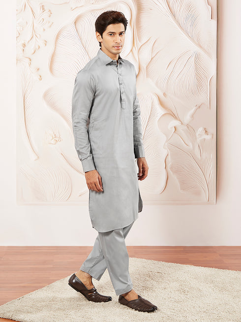 Men's Grey Fine Satin Pathani Kurta Set
