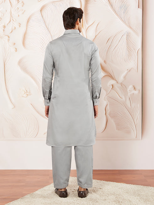 Men's Grey Fine Satin Pathani Kurta Set